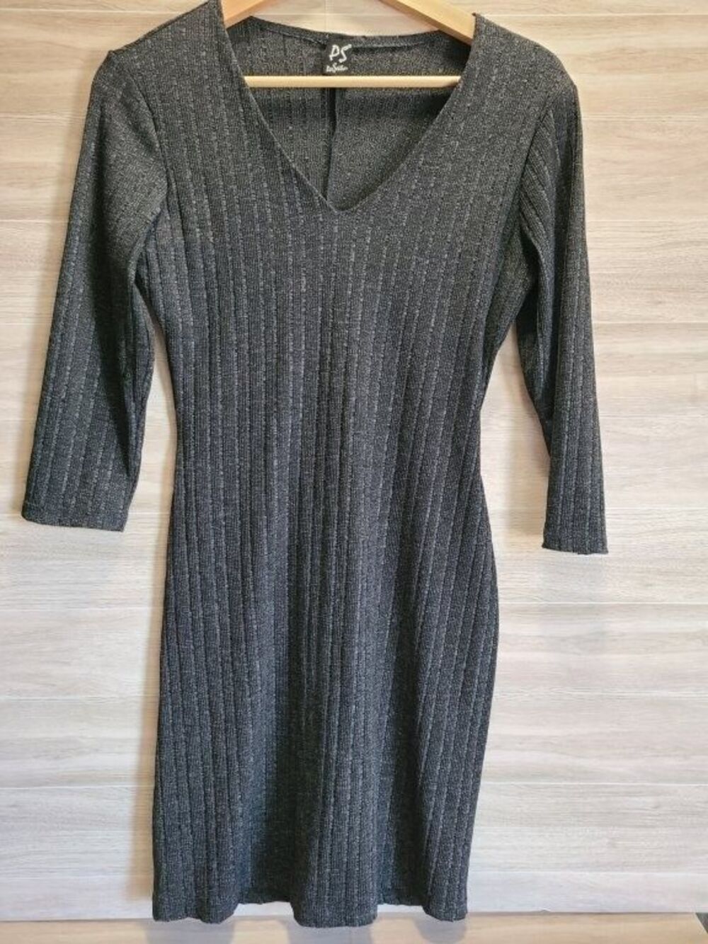 PS PerSeption Sweater Dress Women XS Gray Ribbed Knit V-Neck 3/4 Sleeve Mini